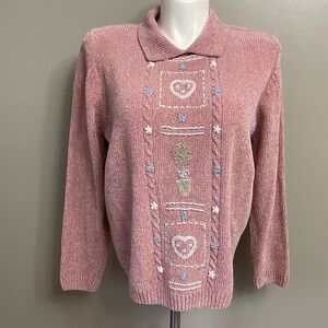 Alfred Dunner women’s XL  Pink chenille cottagecore heart embroidered sweater